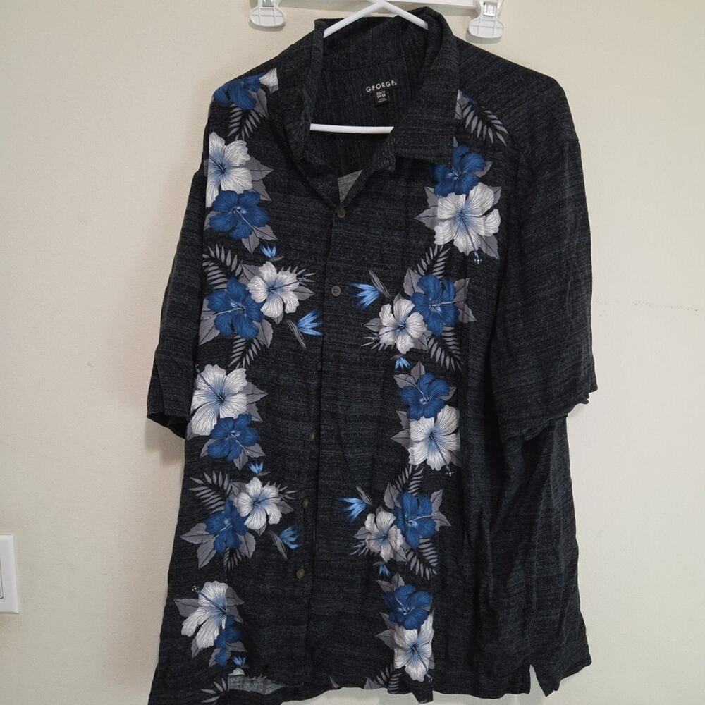 George Shirt Mens 3XL Gray Hawaiian Floral Short Sleeve Button Up Rayon